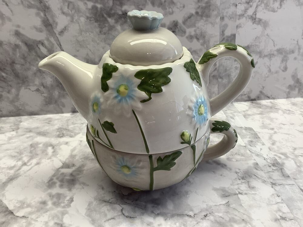 "Tea For One" 3 Piece Hand Painted Spring Floral Tea Pot - Vintage